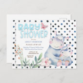 かわいいカバ水玉模様ブルーベビーシャワー インビテーションポストカード (正面/裏面)