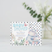 かわいいカバ水玉模様ブルーベビーシャワー インビテーションポストカード (スタンド正面)