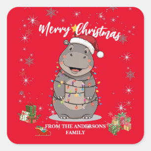 かわいいカバ クリスマスツリー 動物園 サファリ クリスマスチェック柄 スクエアシール