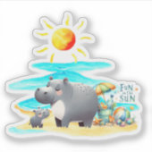 かわいいカバ 太陽の下での楽しいビーチの日 シール (正面)
