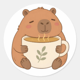 かわいいカピバラがコーヒーカップを抱えるステッカー ラウンドシール