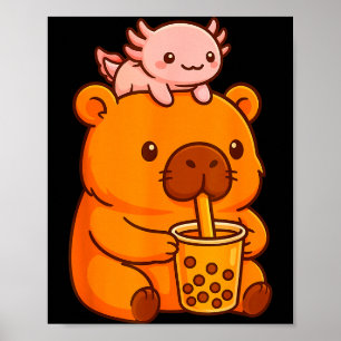 かわいいカピバラがタピオカティーを飲んでいてウーパールーパーがカワイイ ポスター