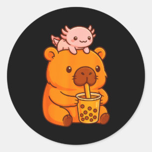 かわいいカピバラがタピオカティーを飲んでいて、ウーパールーパーがカワイイ ラウンドシール