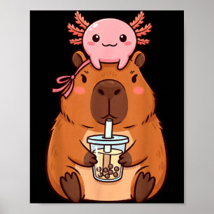かわいいカピバラがボバ茶を飲む キュートなアホロトル ポスター