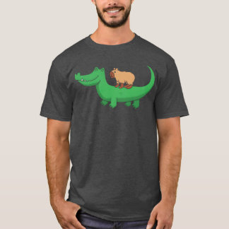 かわいいカピバラがワニに乗っているレトロな野生動物デザイン Tシャツ