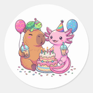 かわいいカピバラとうさぎみたいな両生類の誕生日パーティー ラウンドシール