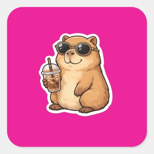 かわいいカピバラのコーヒーステッカー | 面白い動物C スクエアシール (正面)