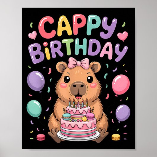 かわいいカピバラの誕生日パーティーの女の子子供動物 ポスター (正面)