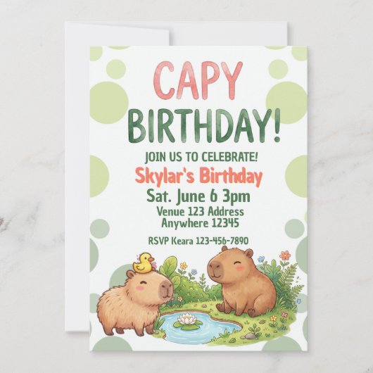 かわいいカピバラの誕生日 招待状 (正面)