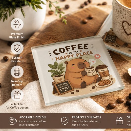 かわいいカピバラ コーヒー好き ガラス コースター | コーヒー
