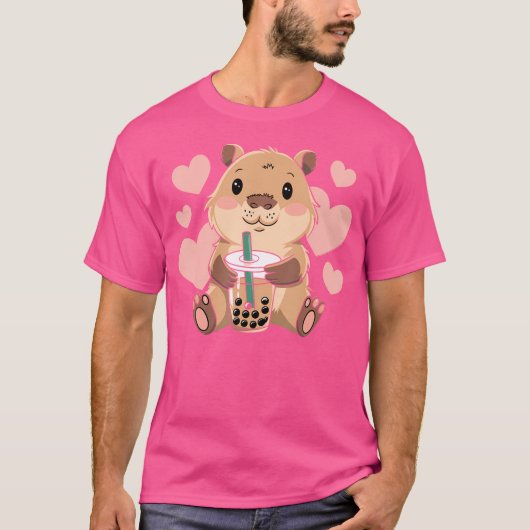 かわいいカピバラBoba茶バブル齧歯動物の女性n女の子 Tシャツ (正面)
