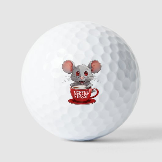 かわいいカフェインマウス in 赤いマグカップ ゴルフボール (正面)