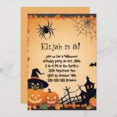 かわいいカボチャとスパイダーキッズハロウィン誕生日 招待状 (正面/裏面)
