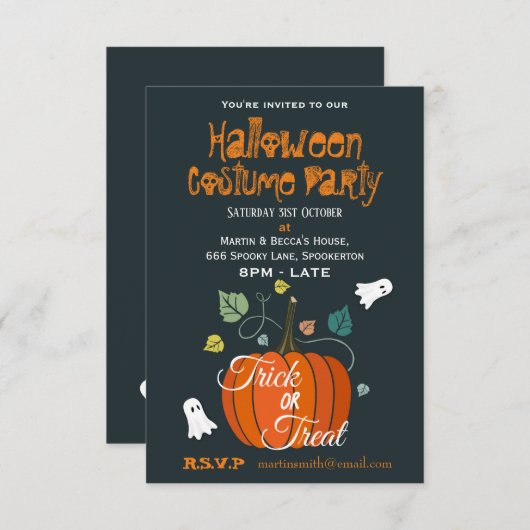 かわいいカボチャと幽霊ハロウィーンの衣装パーティー 招待状 (正面/裏面)