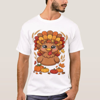 かわいいカボチャと落ち葉の感謝祭の七面鳥 Tシャツ