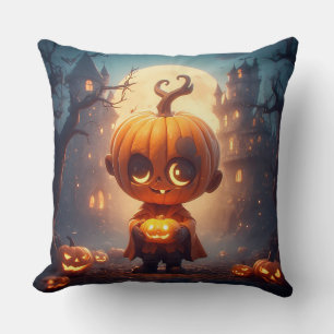 かわいいカボチャのキャラクターが不気味なハロウィンの設定にいる クッション
