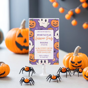 かわいいカボチャのハロウィンパーティー オレンジ パープル 招待状