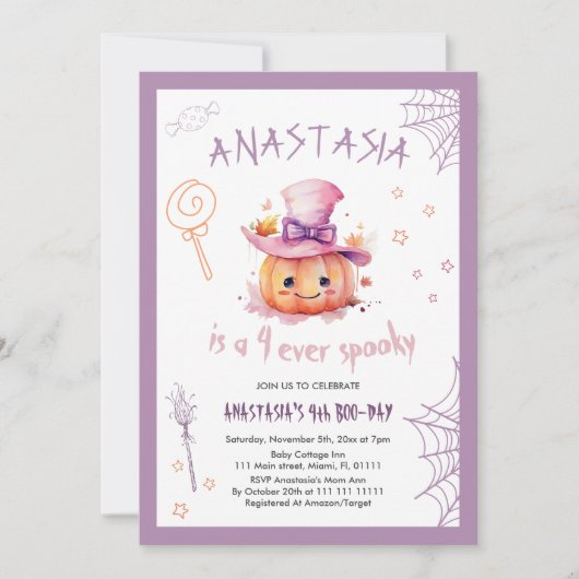 かわいいカボチャのハロウィン女の子4歳の誕生日 招待状 (正面)