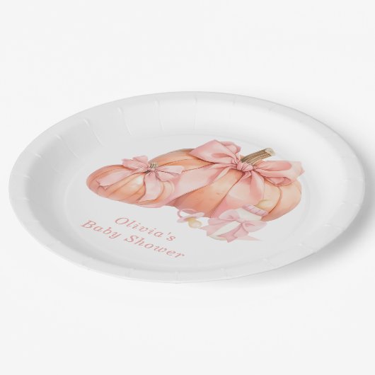 かわいいカボチャのピンクの弓ベビーシャワー ペーパープレート (アングル)