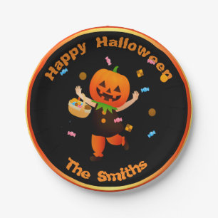 かわいいカボチャのヘッドトリックまたはトレーターハロウィン ペーパープレート