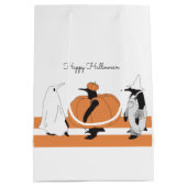 かわいいカボチャのペンギン面白いハロウィーン ミディアムペーパーバッグ (裏面)