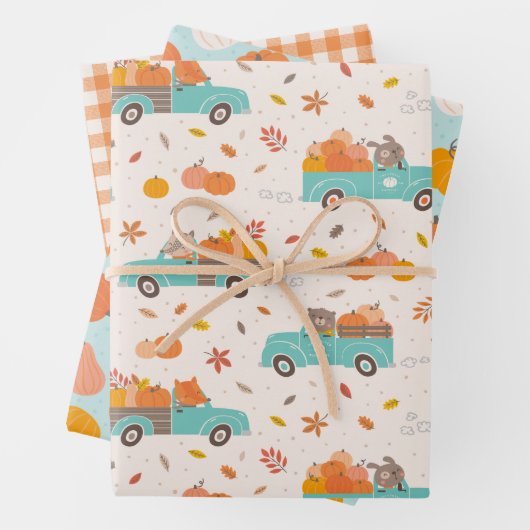 かわいいカボチャの動物付きパッチトラック ラッピングペーパーシート (インサイチュ)