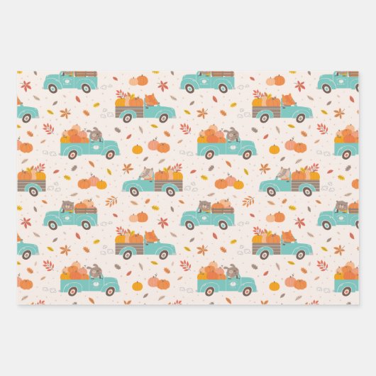 かわいいカボチャの動物付きパッチトラック ラッピングペーパーシート (正面)