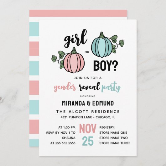 かわいいカボチャの女の子または男の子のジェンダーが明らかにする 招待状 (正面/裏面)