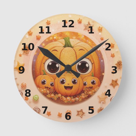 かわいいカボチャの家族のハロウィンウォールクロック ラウンド壁時計 (正面)