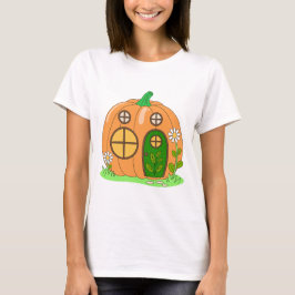 かわいいカボチャの家 秋の落ち着いたカートゥーン デザイン Tシャツ