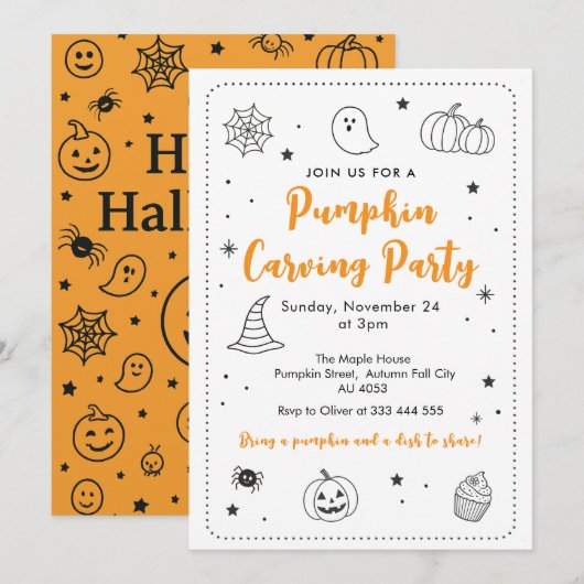 かわいいカボチャの彫刻パーティーハロウィンの落書き 招待状 (正面/裏面)