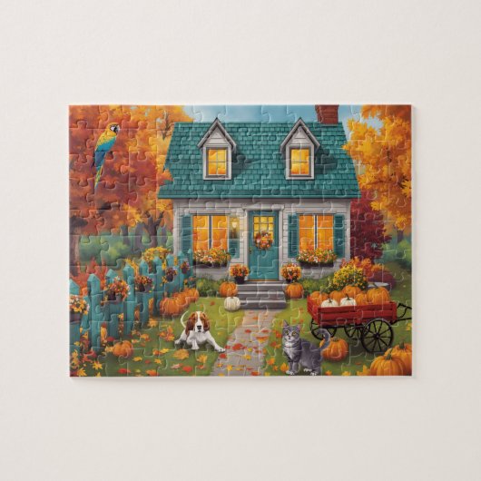 かわいいカボチャの秋の小屋 ジグソーパズル (横)