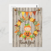 かわいいカボチャの赤ちゃん、葉のリースの秋の感謝祭 ポストカード (正面/裏面)