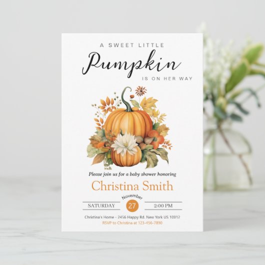 かわいいカボチャひまわり男女兼用赤ちゃんシャワー 招待状 (スタンド正面)