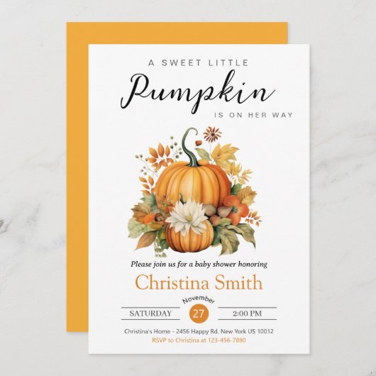 かわいいカボチャひまわり男女兼用赤ちゃんシャワー 招待状 (正面/裏面)