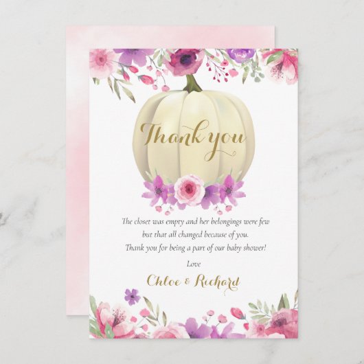 かわいいカボチャフローラピンク赤ちゃんシャワー感謝してい詩よよ サンキューカード (正面/裏面)