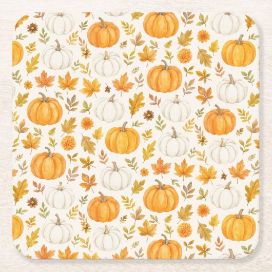 かわいいカボチャ柄 | サンクスギビング スクエアペーパーコースター (正面)