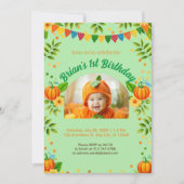 かわいいカボチャ秋の子供の最初の誕生日パーティー 招待状 (正面)