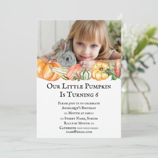 かわいいカボチャ秋感謝任意の年齢の子供のパーティー 招待状 (スタンド正面)