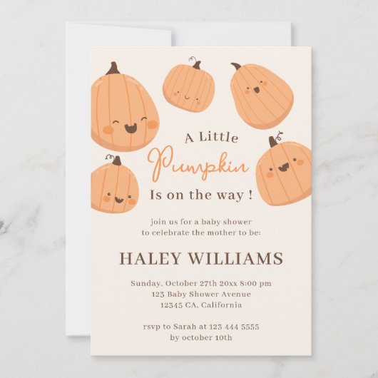かわいいカボチャ秋男女兼用ベビーシャワー 招待状 (正面)