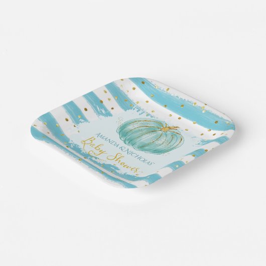 かわいいカボチャ青いストライプ赤ちゃんシャワー ペーパープレート (傾斜あり)