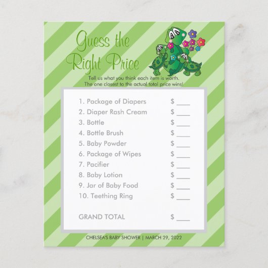 かわいいカメさんのベビーシャワーゲーム - 価格を当ててみて! チラシ (正面)