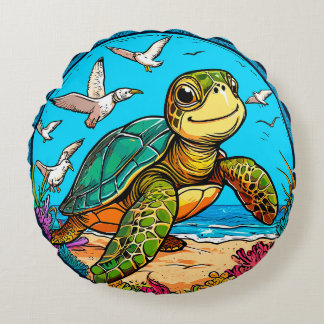 🐢 かわいいカメとカモメのオーシャンビーチの楽しいデザイン ラウンドクッション