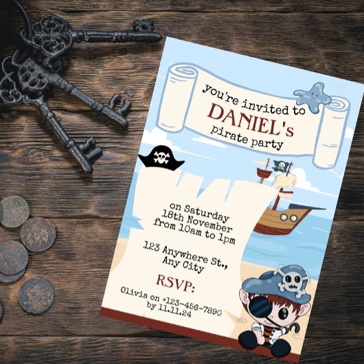 かわいいカメと船の海賊パーティー招待状 招待状