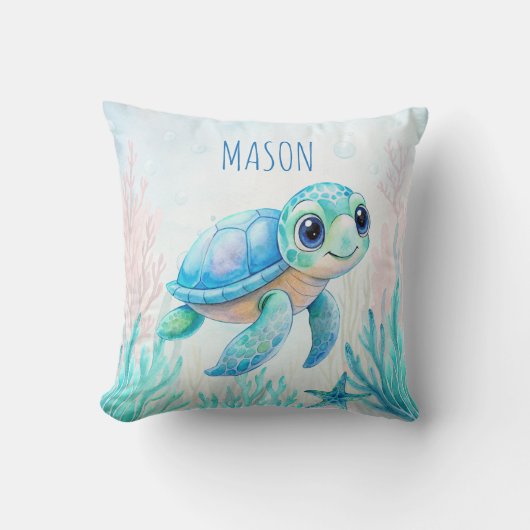 かわいいカメのアクアブルーパーソナライズされたネームベビーギフト クッション (正面)