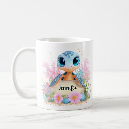 かわいいカメのカスタムネーム入り動物 コーヒーマグカップ (左)