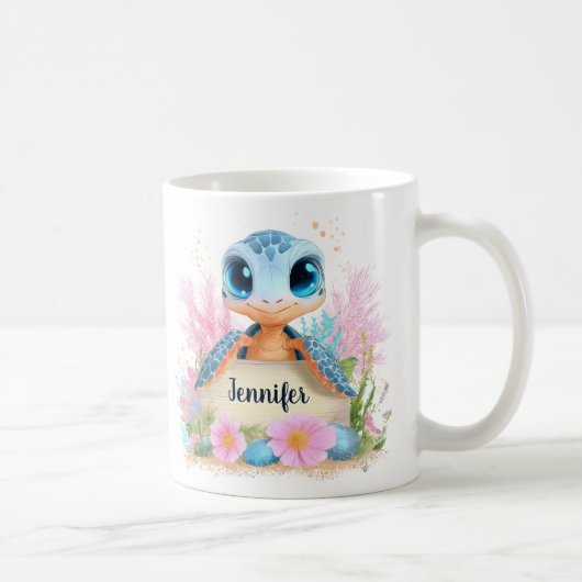かわいいカメのカスタムネーム入り動物 コーヒーマグカップ (右)
