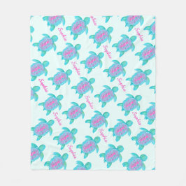 かわいいカメの水彩画名前をカスタムするアクア フリースブランケット