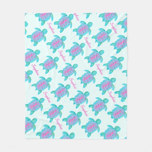 かわいいカメの水彩画名前をカスタムするアクア フリースブランケット (正面)