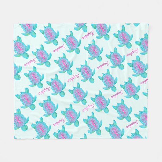 かわいいカメの水彩画名前をカスタムするアクア フリースブランケット (正面(横))